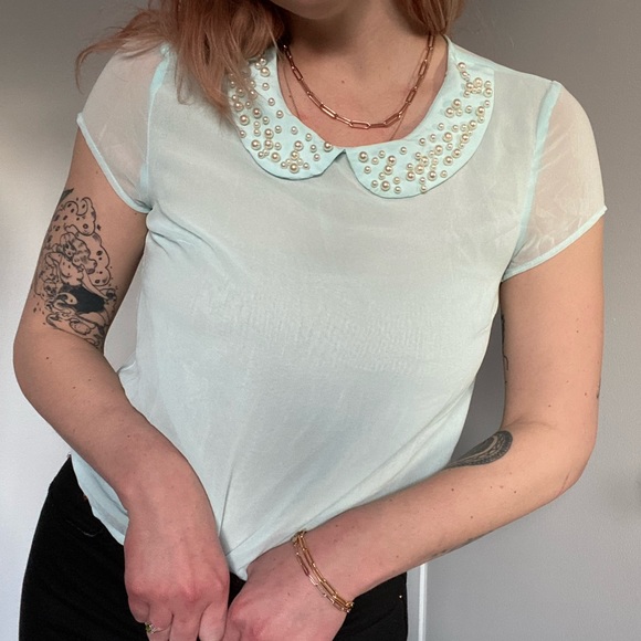 Pearl collared turquoise blouse - Picture 3 of 8